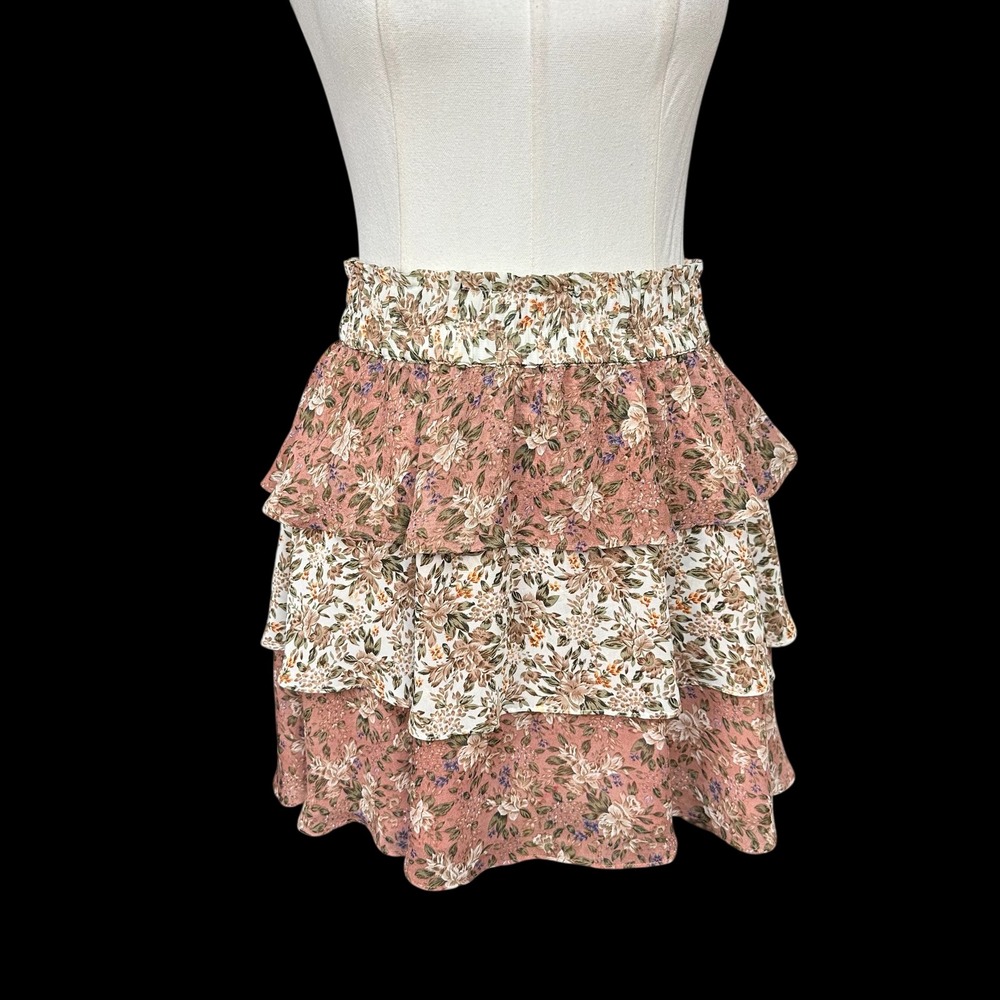 Show Me Your Mumu Womens Pink Floral Tiered Ruffle Smocked Mini Skirt Size M